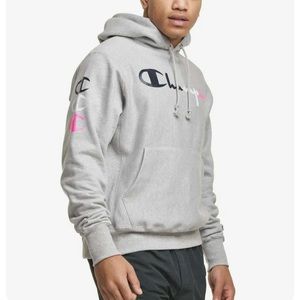 Champion Men’s Reverse Weave Pullover Hoodie Colorblock Logo Gray MED
